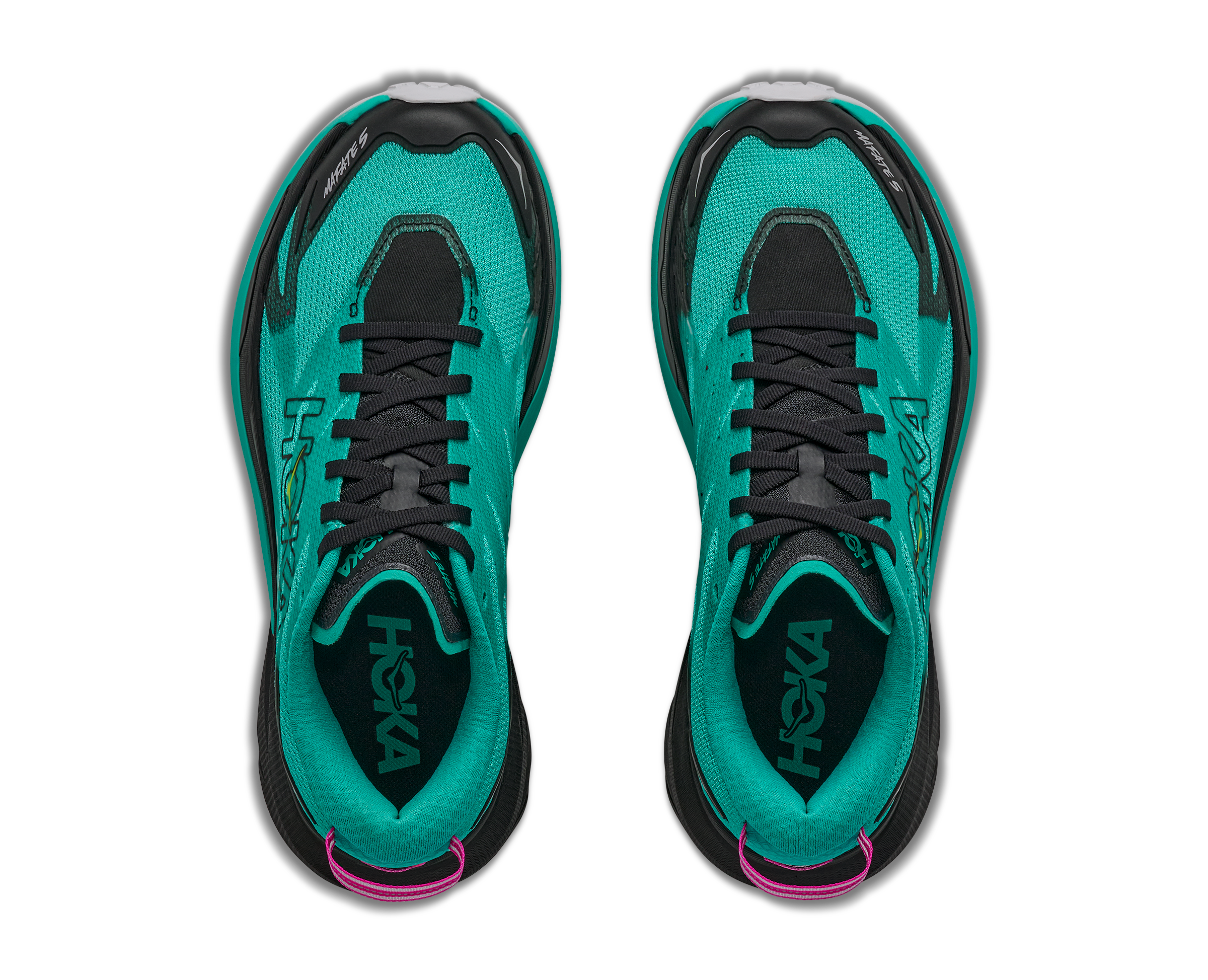 Hoka Mafate 5 for women, technical trail running shoes with cushioning, teal colour with black and pink details, top fown view of shoes