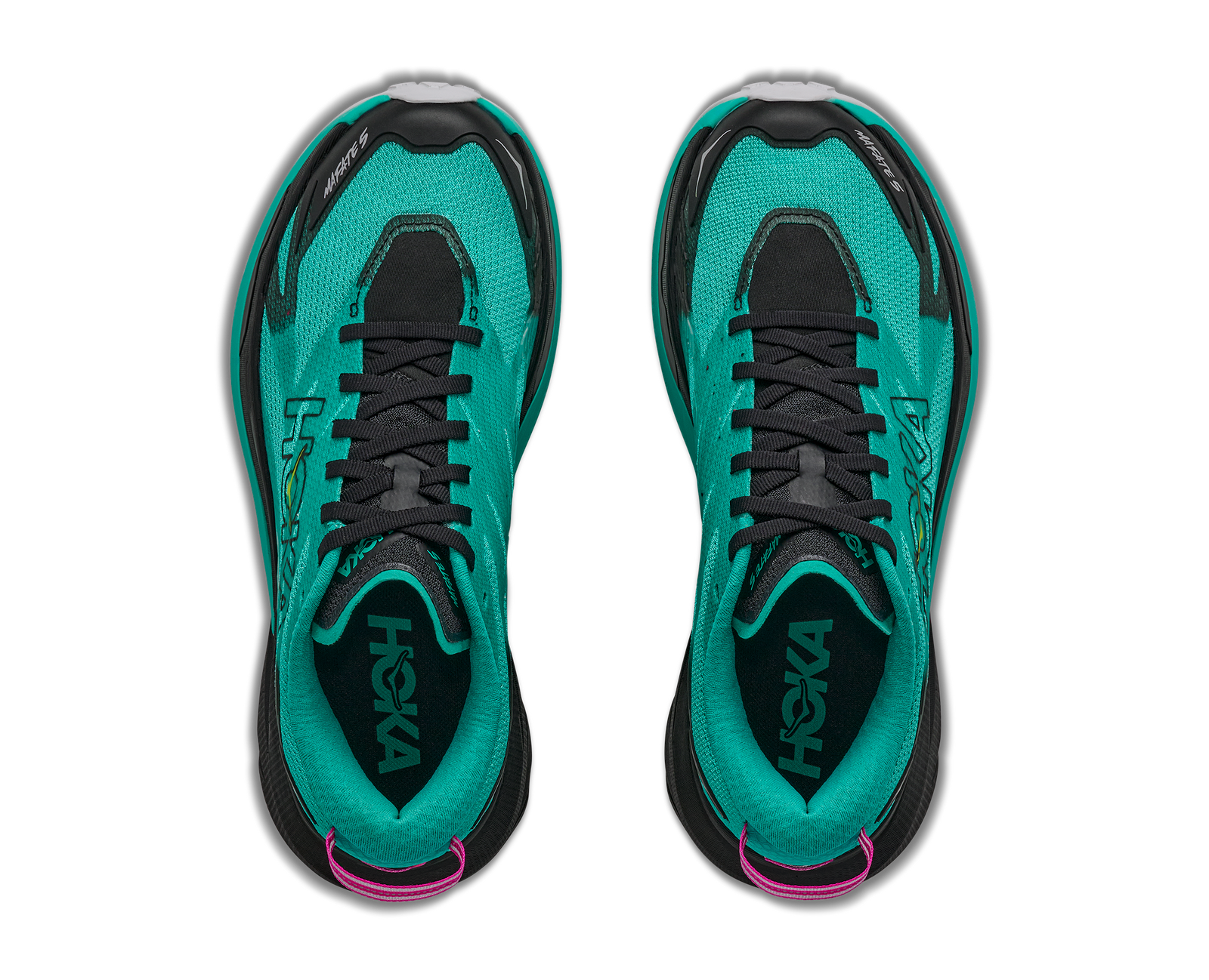Hoka Mafate 5 for women, technical trail running shoes with cushioning, teal colour with black and pink details, top fown view of shoes