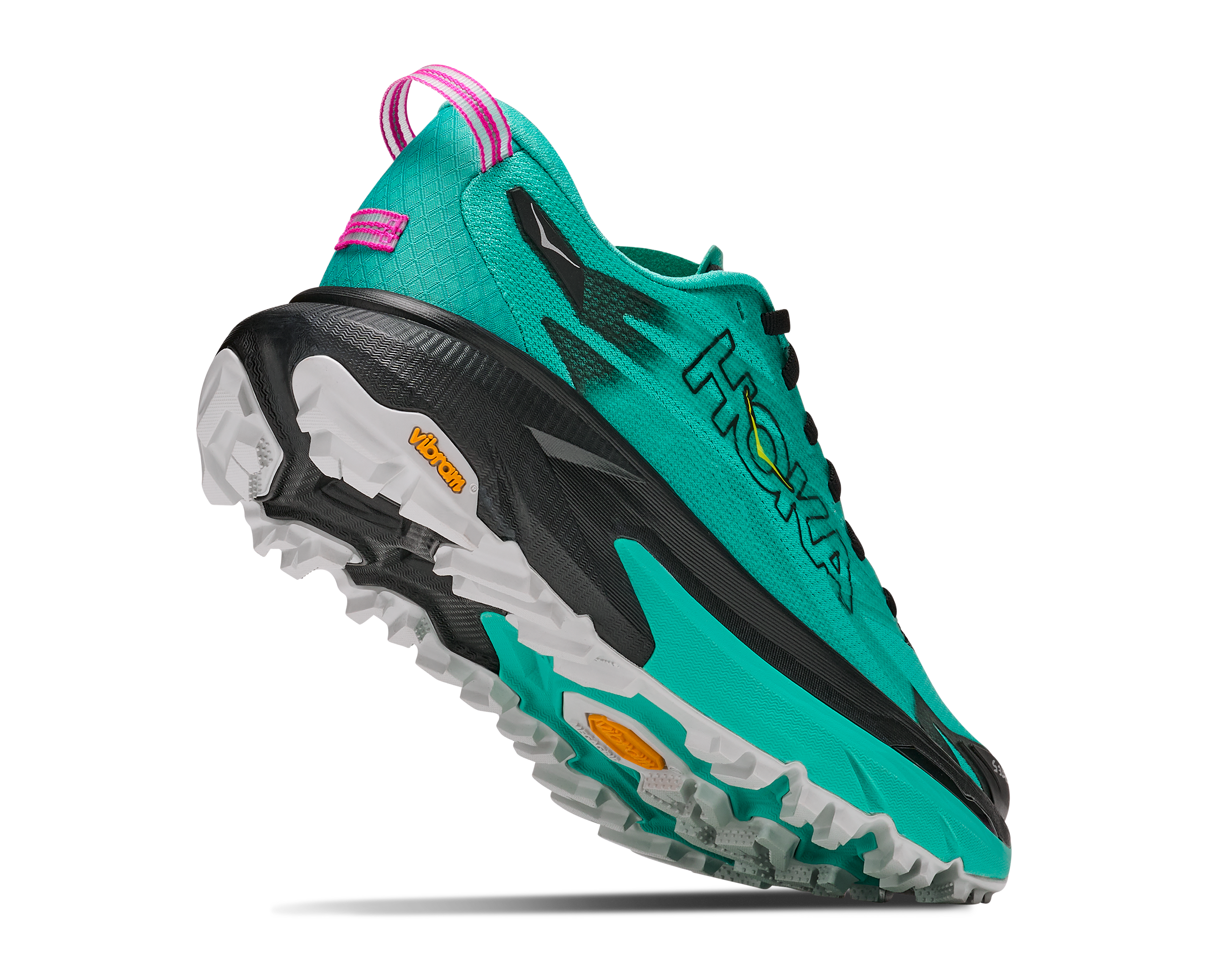 Hoka Mafate 5 for women, technical trail running shoes with cushioning, teal colour with black and pink details, lifted heel of shoe