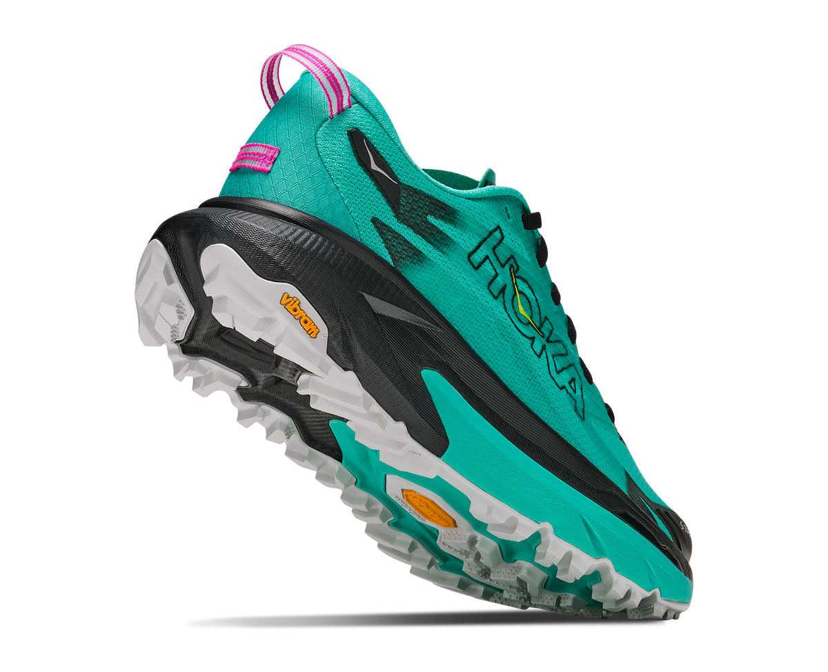 Hoka Mafate 5 for women, technical trail running shoes with cushioning, teal colour with black and pink details, lifted heel of shoe
