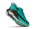 Hoka Mafate 5 for women, technical trail running shoes with cushioning, teal colour with black and pink details, lifted heel of shoe