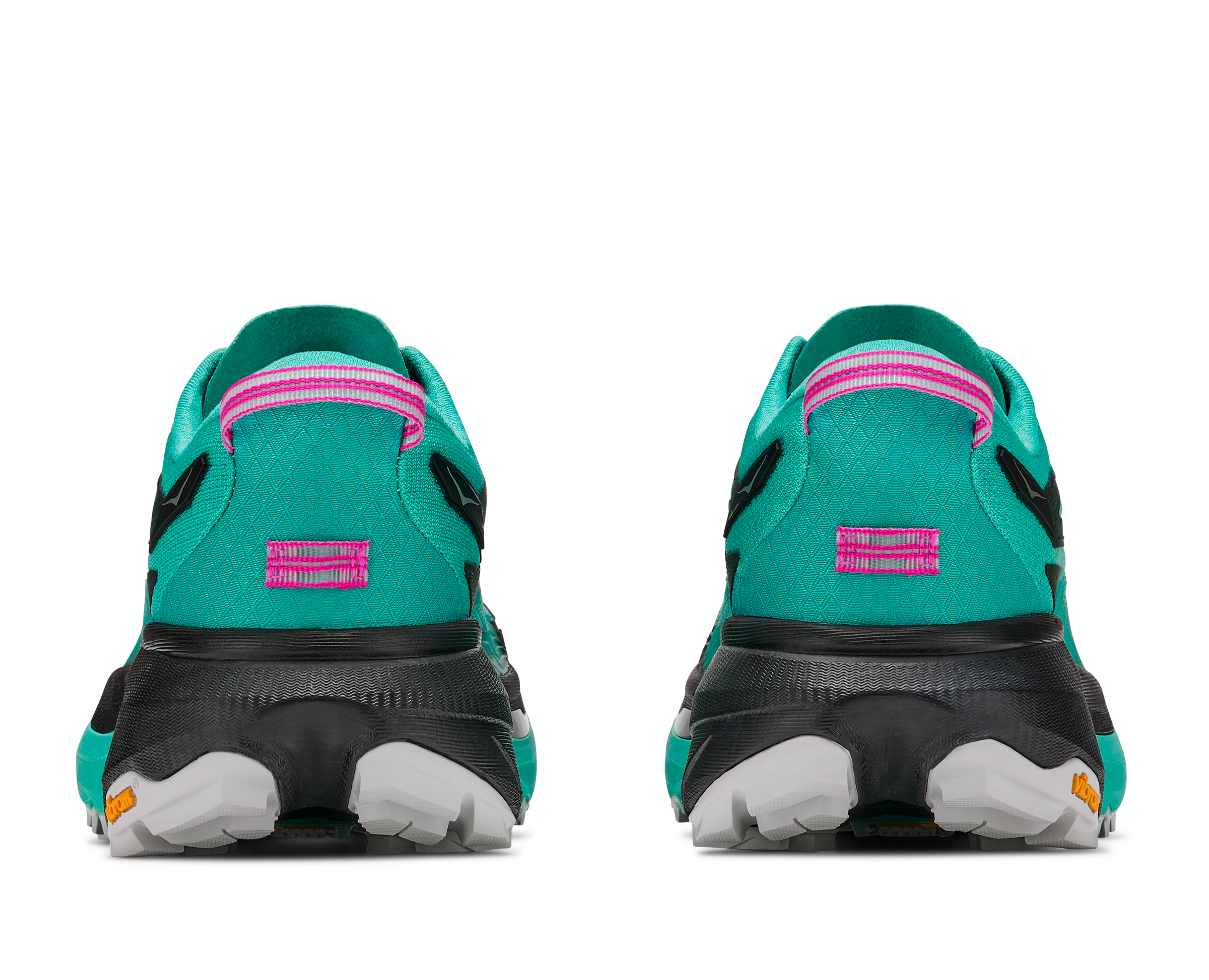 Hoka Mafate 5 for women, technical trail running shoes with cushioning, teal colour with black and pink details, back heels of shoes