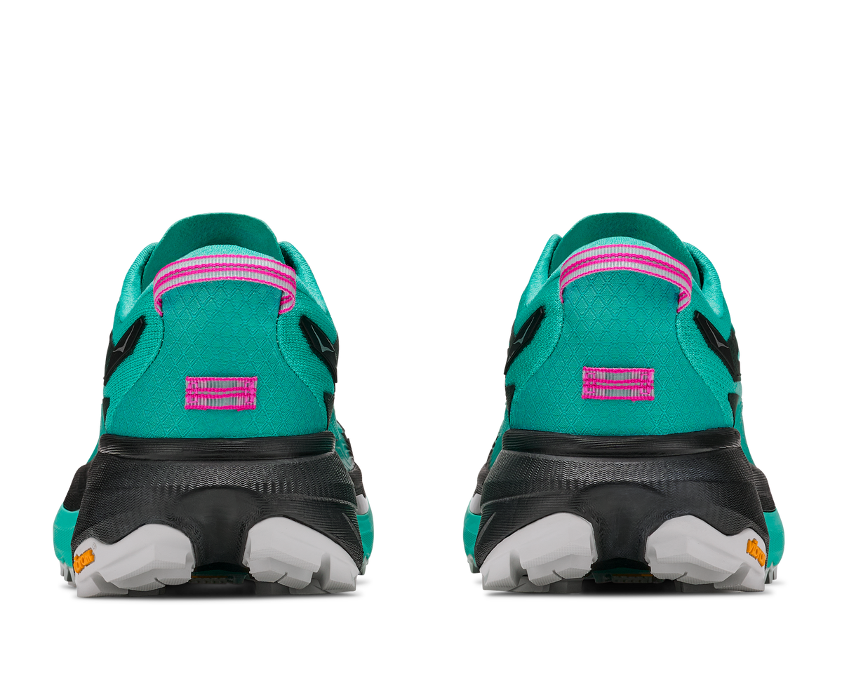 Hoka Mafate 5 for women, technical trail running shoes with cushioning, teal colour with black and pink details, back heels of shoes