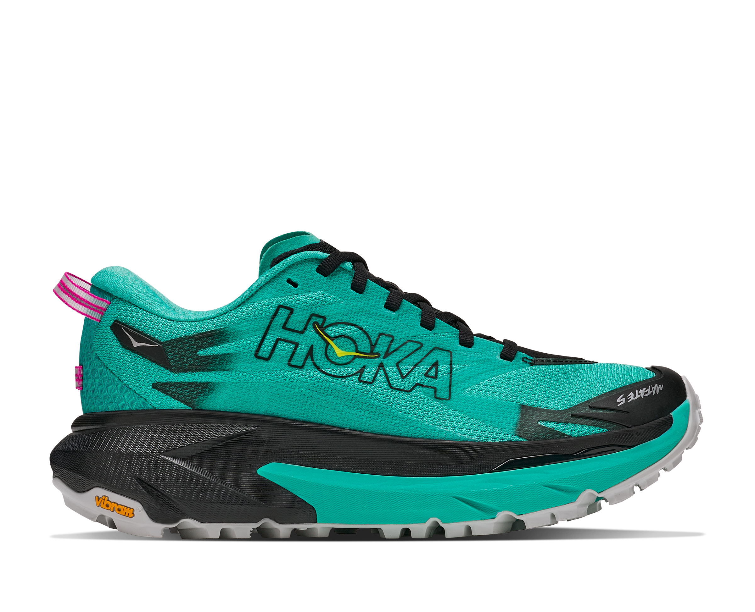 Hoka Mafate 5 for women, technical trail running shoes with cushioning, teal colour with black and pink details, side profile of shoes