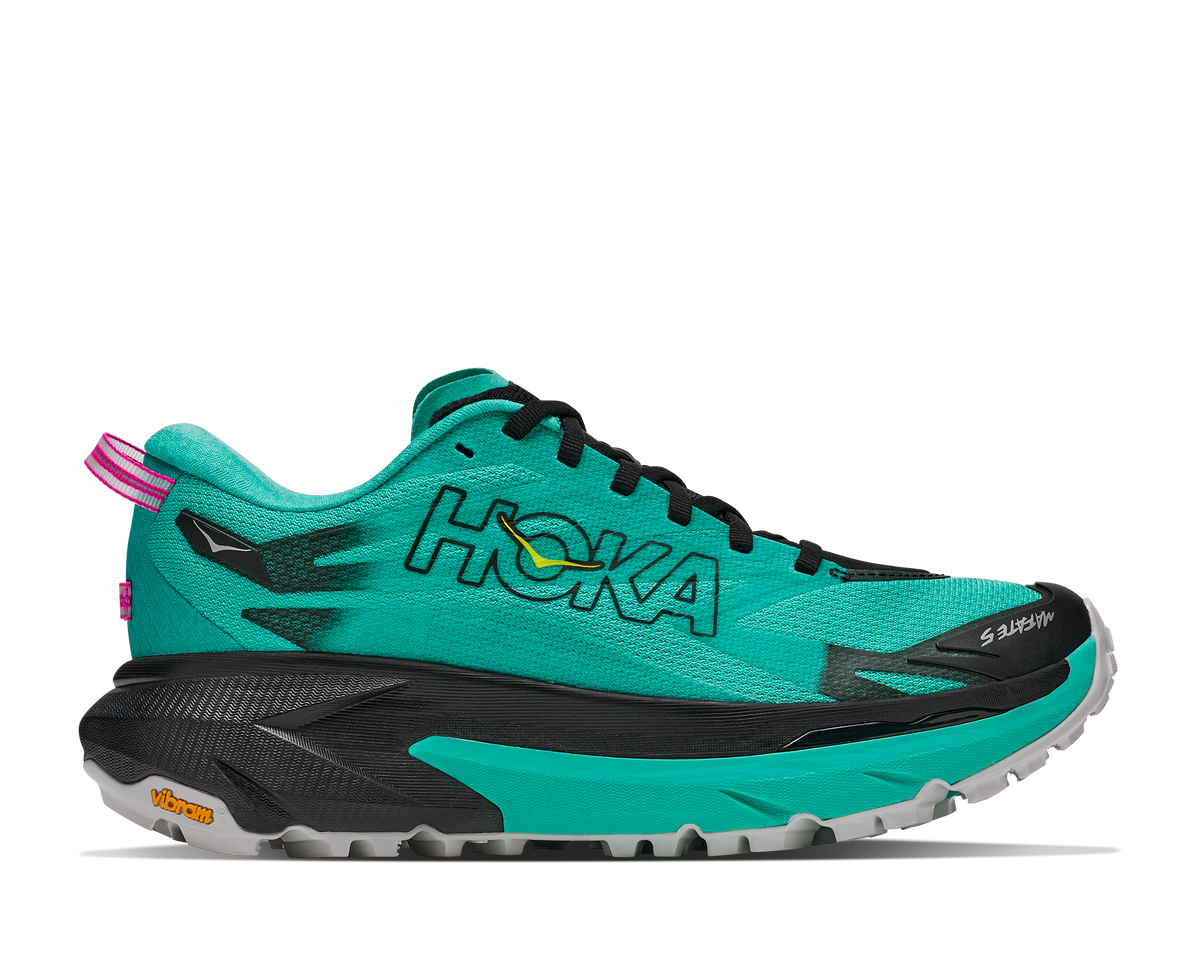 Hoka Mafate 5 for women, technical trail running shoes with cushioning, teal colour with black and pink details, side profile of shoes