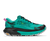 Hoka Mafate 5 for women, technical trail running shoes with cushioning, teal colour with black and pink details, side profile of shoes