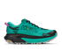 Hoka Mafate 5 for women, technical trail running shoes with cushioning, teal colour with black and pink details, side profile of shoes