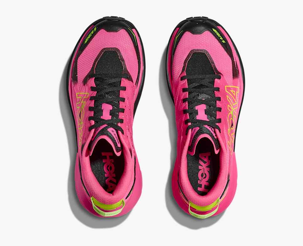 hoka mafate 5 for women, protective cushioned trail running shoe, pink with lime green and black accents, top of pair of hoka shoes view from above