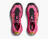hoka mafate 5 for women, protective cushioned trail running shoe, pink with lime green and black accents, top of pair of hoka shoes view from above