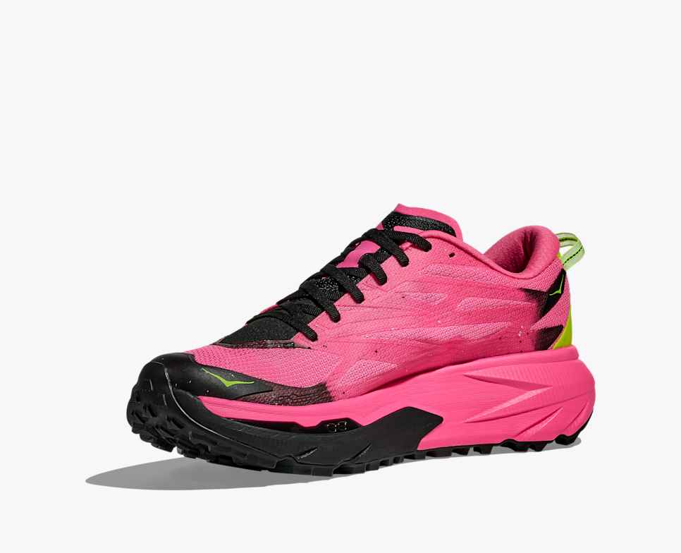 hoka mafate 5 for women, protective cushioned trail running shoe, pink with lime green and black accents, inside angled profile with hoka logo