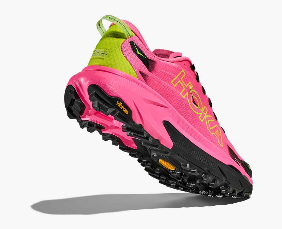 hoka mafate 5 for women, protective cushioned trail running shoe, pink with lime green and black accents, lifted heel and sole of shoe