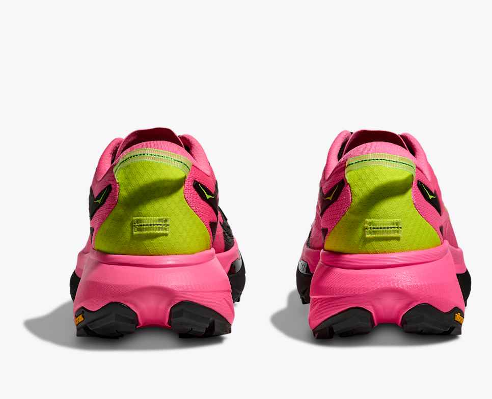 hoka mafate 5 for women, protective cushioned trail running shoe, pink with lime green and black accents, back of heels