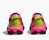 hoka mafate 5 for women, protective cushioned trail running shoe, pink with lime green and black accents, back of heels