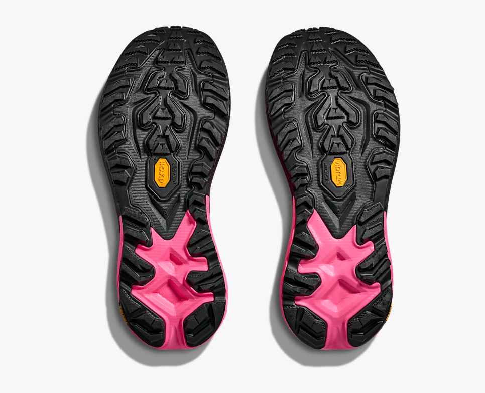 hoka mafate 5 for women, protective cushioned trail running shoe, pink with lime green and black accents, sole of shoe with vibram sole detail