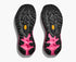 hoka mafate 5 for women, protective cushioned trail running shoe, pink with lime green and black accents, sole of shoe with vibram sole detail