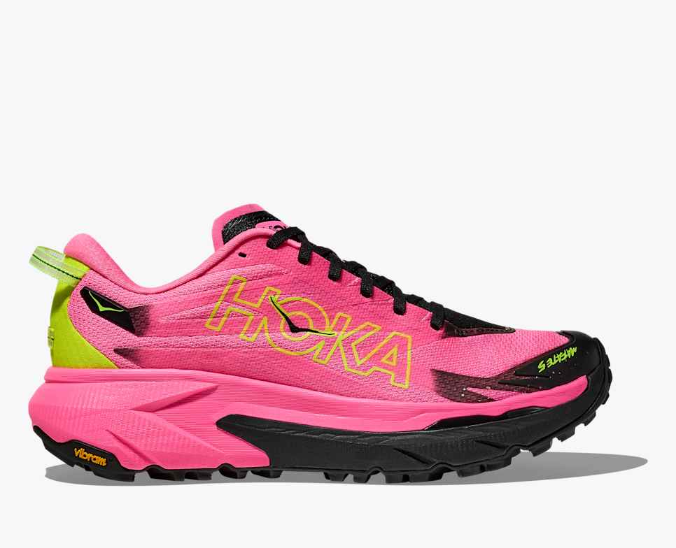 hoka mafate 5 for women, protective cushioned trail running shoe, pink with lime green and black accents, side profile with hoka logo