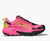 hoka mafate 5 for women, protective cushioned trail running shoe, pink with lime green and black accents, side profile with hoka logo