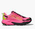 hoka mafate 5 for women, protective cushioned trail running shoe, pink with lime green and black accents, side profile with hoka logo