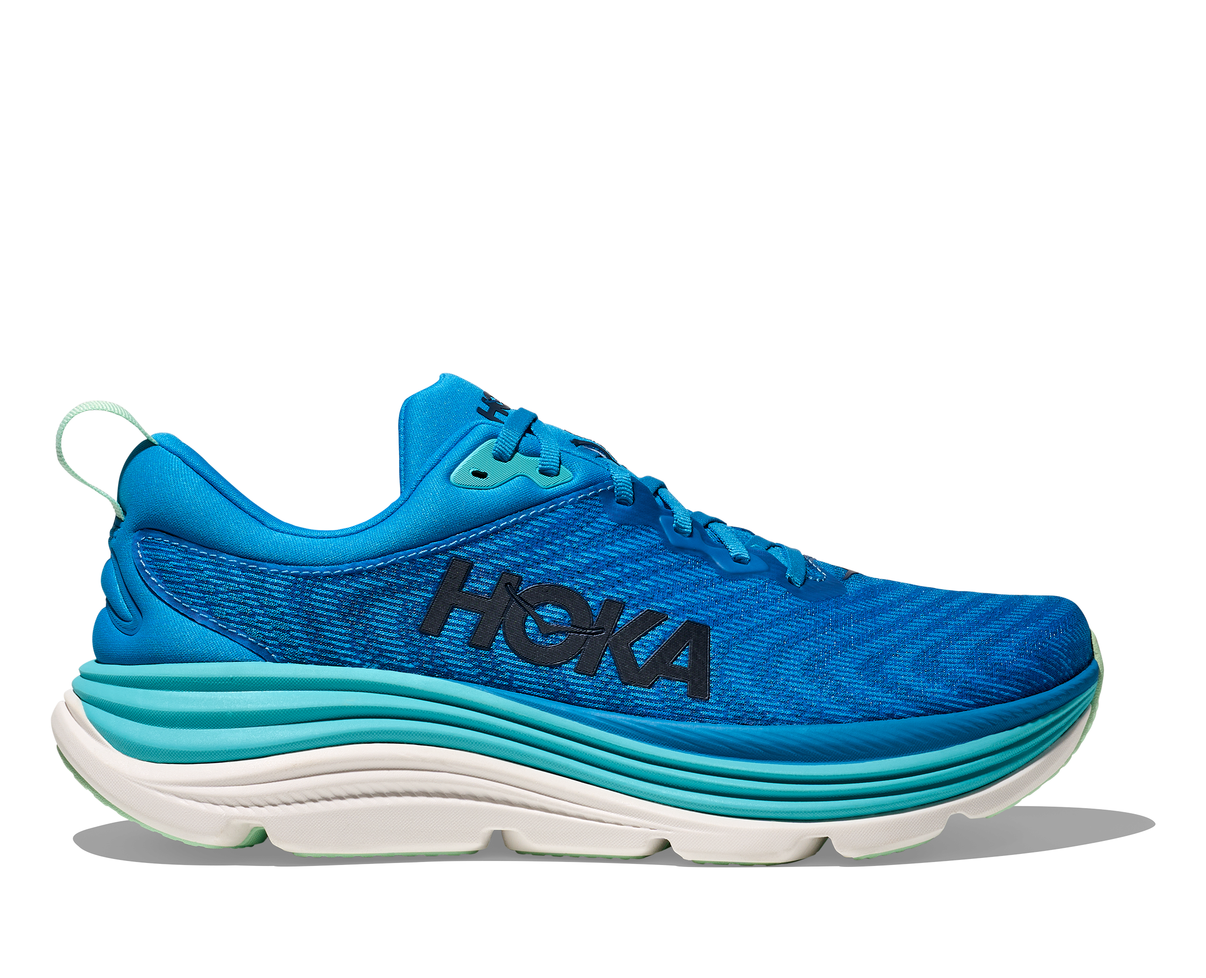 hoka gaviota 5 mens stability support running and walking shoe with maximum cushioning bright blue colour with white sole side profile