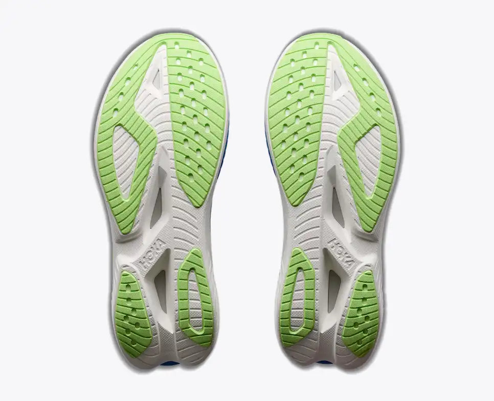 bottom view of mens mach x 3 road running shoe in a white colour with blue and green accents 