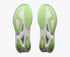 bottom view of mens mach x 3 road running shoe in a white colour with blue and green accents 