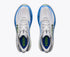 top view of mens mach x 3 road running shoe in a white colour with blue and green accents 