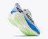 lifted heel view of mens mach x 3 road running shoe in a white colour with blue and green accents 