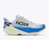 side view of mens mach x 3 road running shoe in a white colour with blue and green accents 