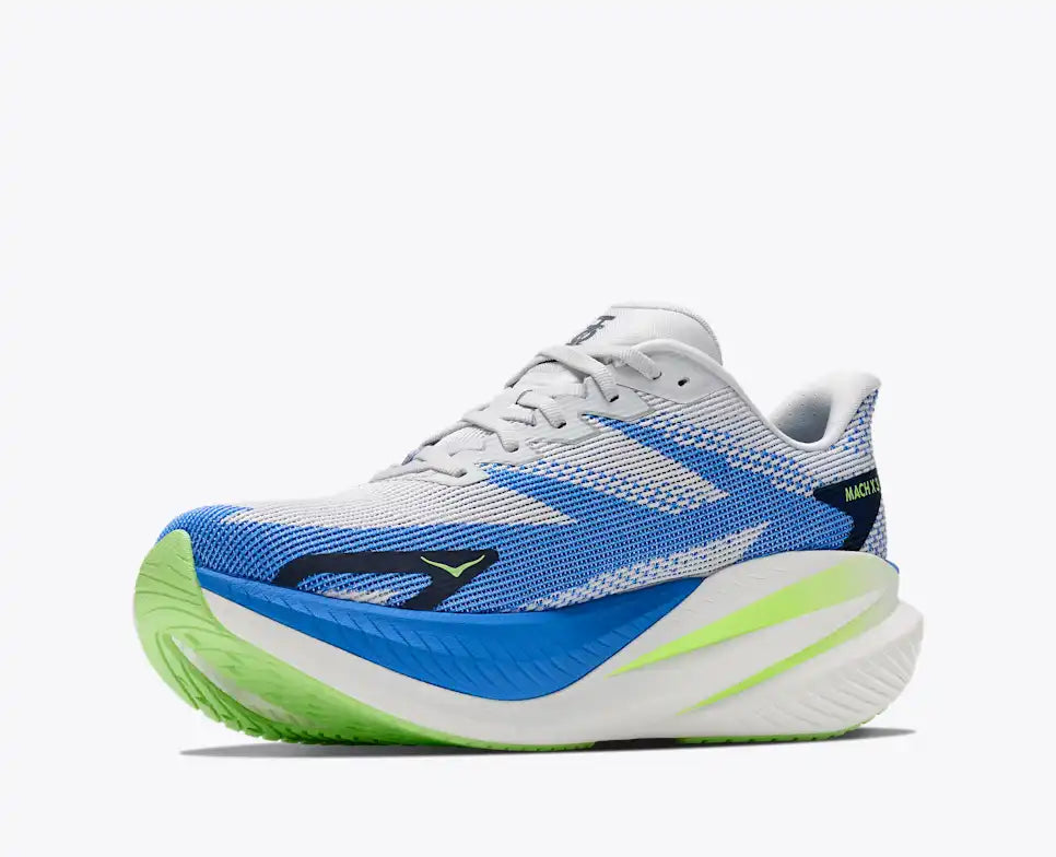 side view of mens mach x 3 road running shoe in a white colour with blue and green accents 