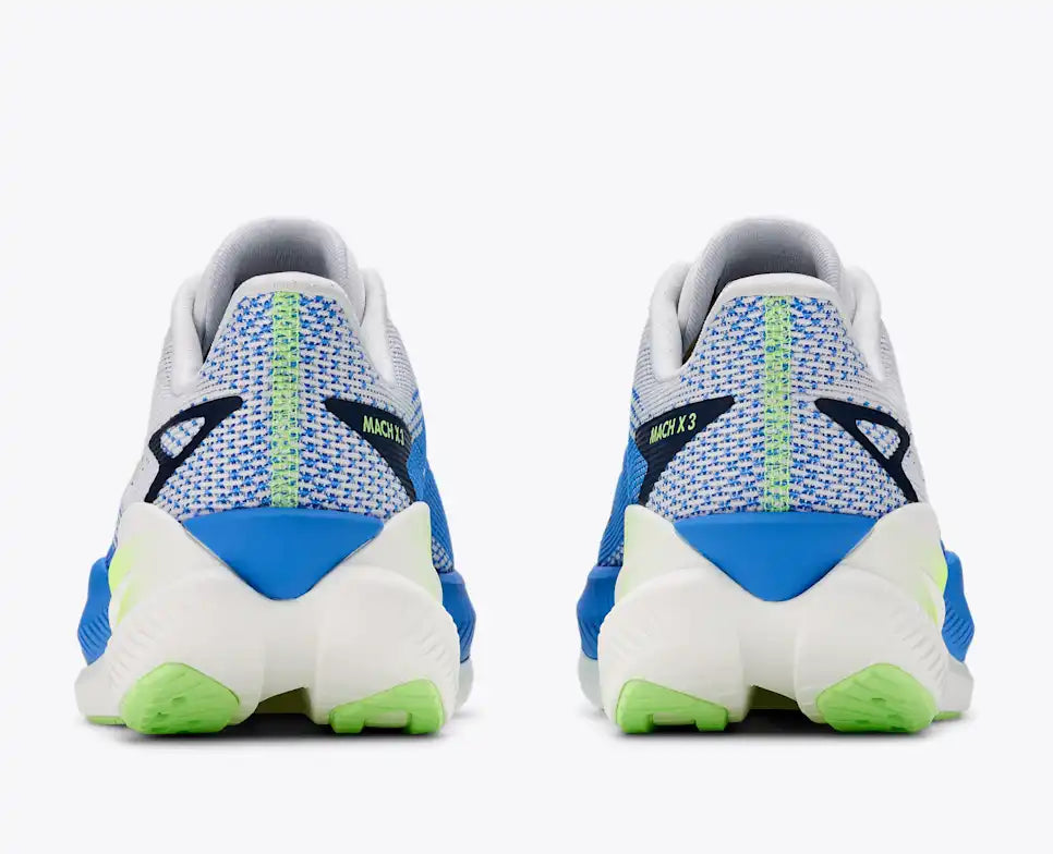 back view of mens mach x 3 road running shoe in a white colour with blue and green accents 