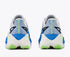 back view of mens mach x 3 road running shoe in a white colour with blue and green accents 