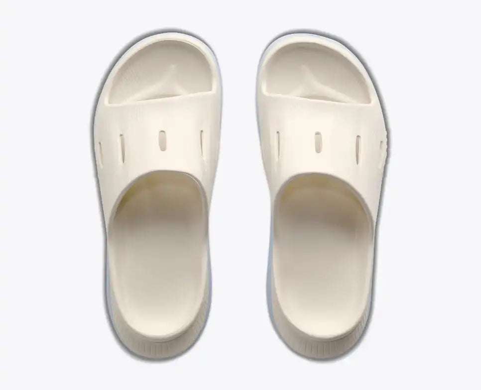 hoka ora recovery slide for all gender, comfortable and supportive slider for after run recovery, cream colour, side profile of ora slide on a white background