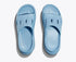 hoka ora recovery slide for all gender, comfortable and supportive slider for after run recovery, light blue colour, overhead profile of ora slide on a white background