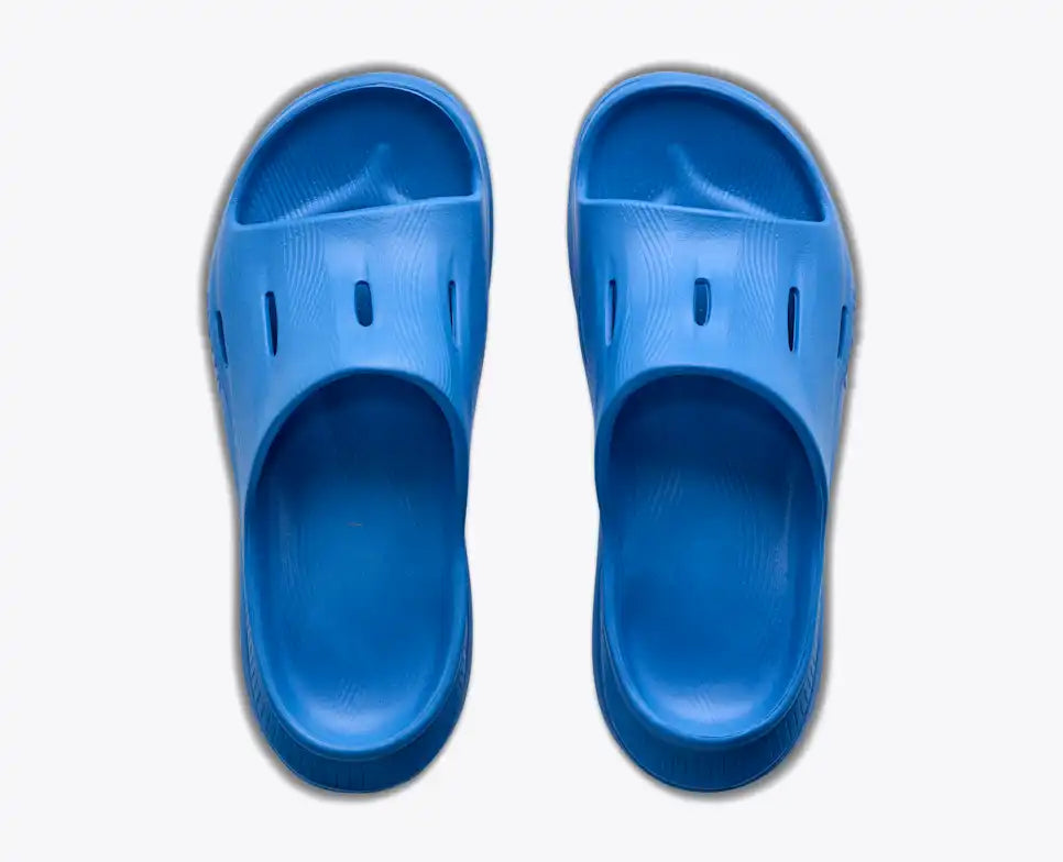 hoka ora recovery slide for all gender, comfortable and supportive slider for after run recovery, dark blue colour, top profile of ora slide on a white background