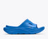 hoka ora recovery slide for all gender, comfortable and supportive slider for after run recovery, dark blue colour, side profile of ora slide on a white background