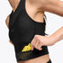 hoka race day bra, black crop top for warm weather running, close up of mesh pocket under front chest of bra