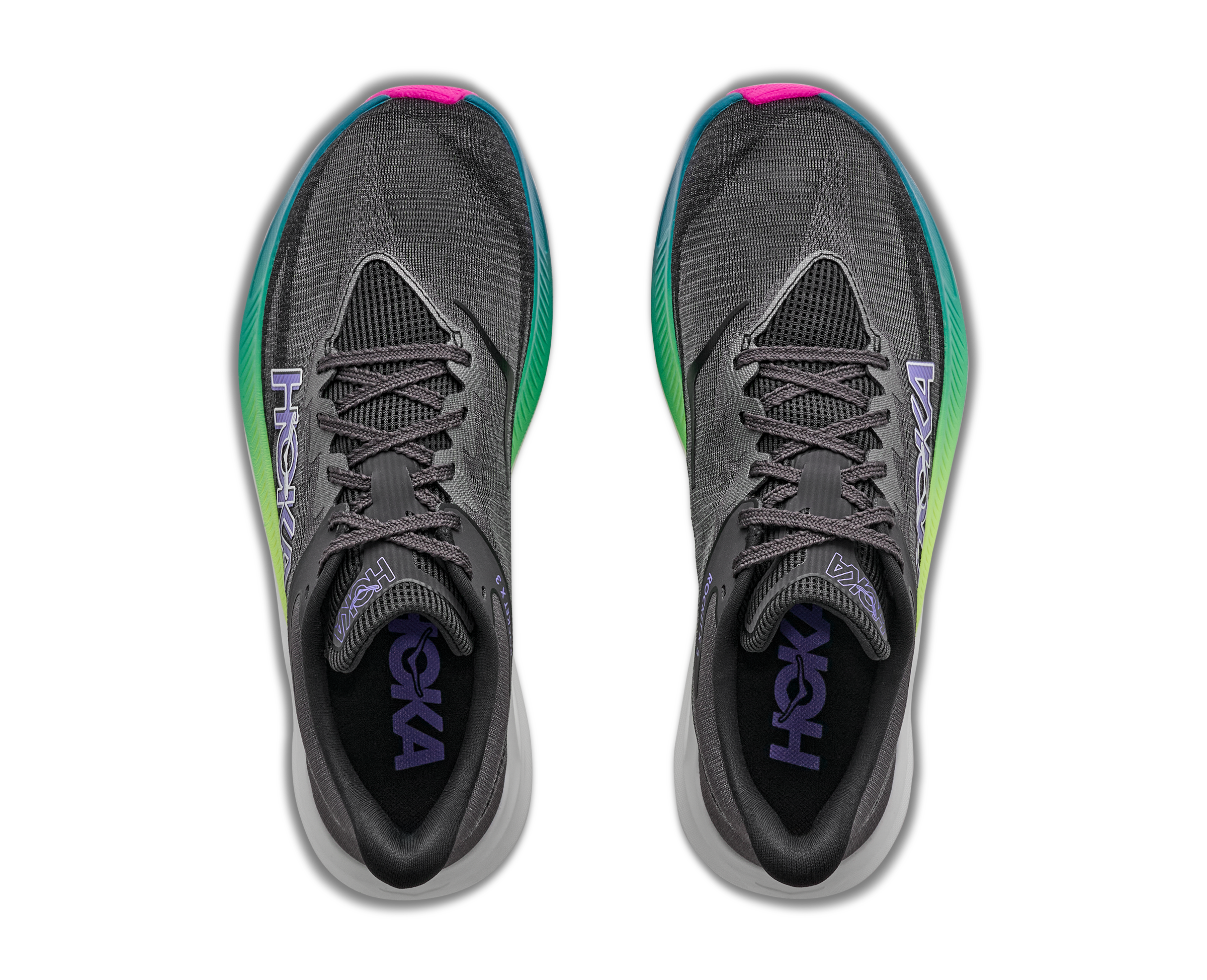 hoka rocket x 3, carbon plated running shoe for all gender, black with neon details, overhead profile of both shoes on a white background