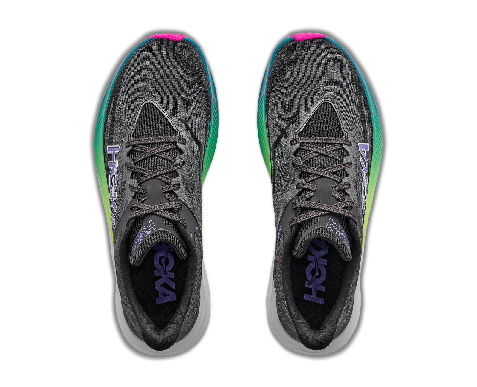 hoka rocket x 3, carbon plated running shoe for all gender, black with neon details, overhead profile of both shoes on a white background
