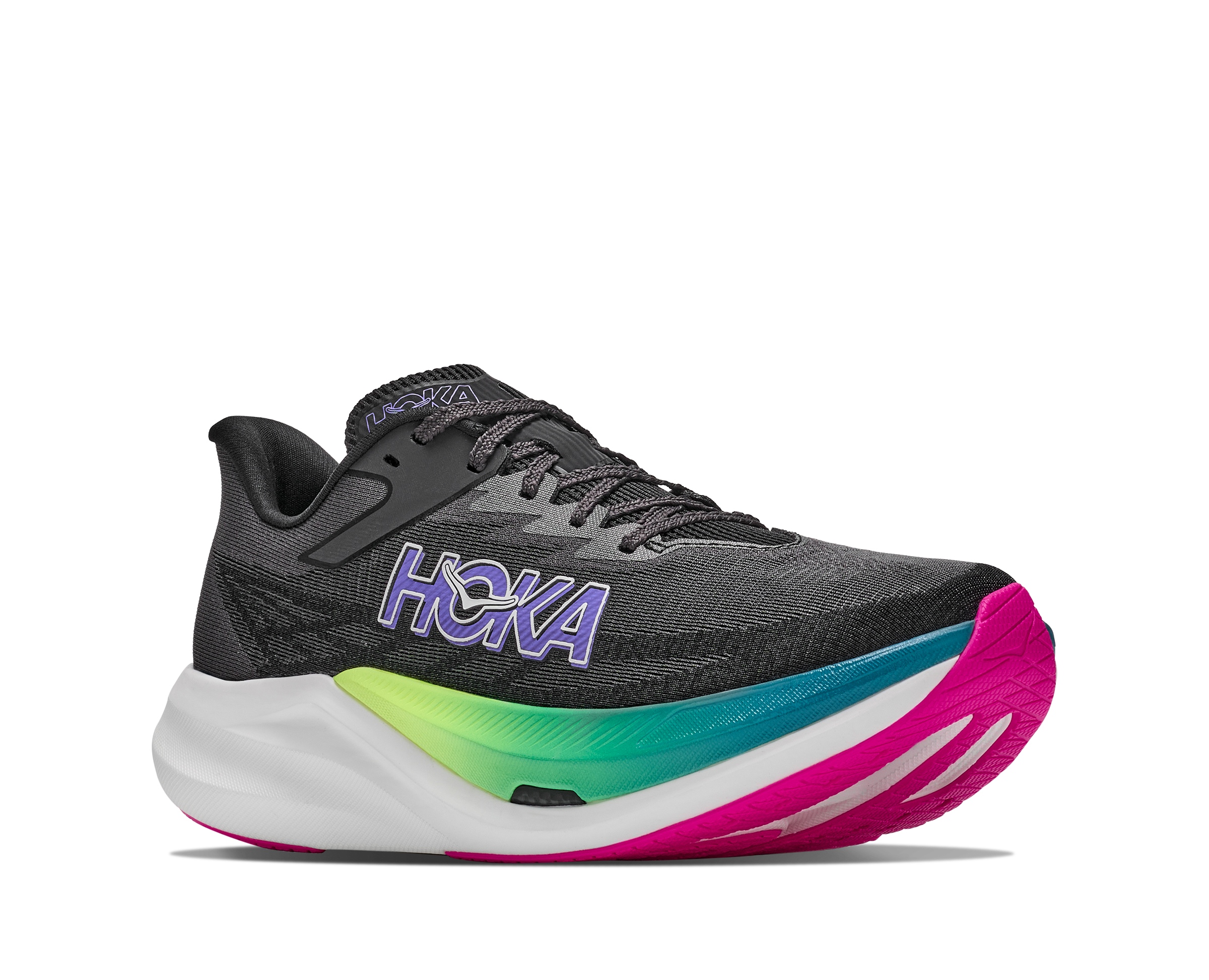 hoka rocket x 3, carbon plated running shoe for all gender, black with neon details, side profile of shoe on a white background