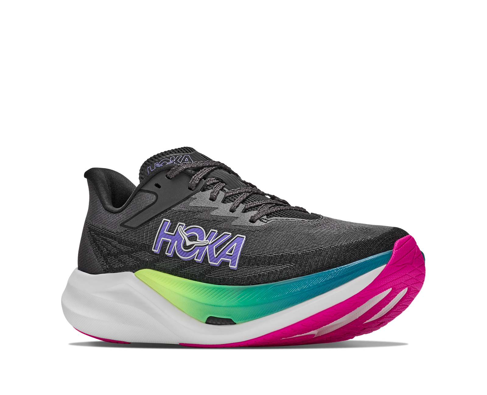 hoka rocket x 3, carbon plated running shoe for all gender, black with neon details, side profile of shoe on a white background