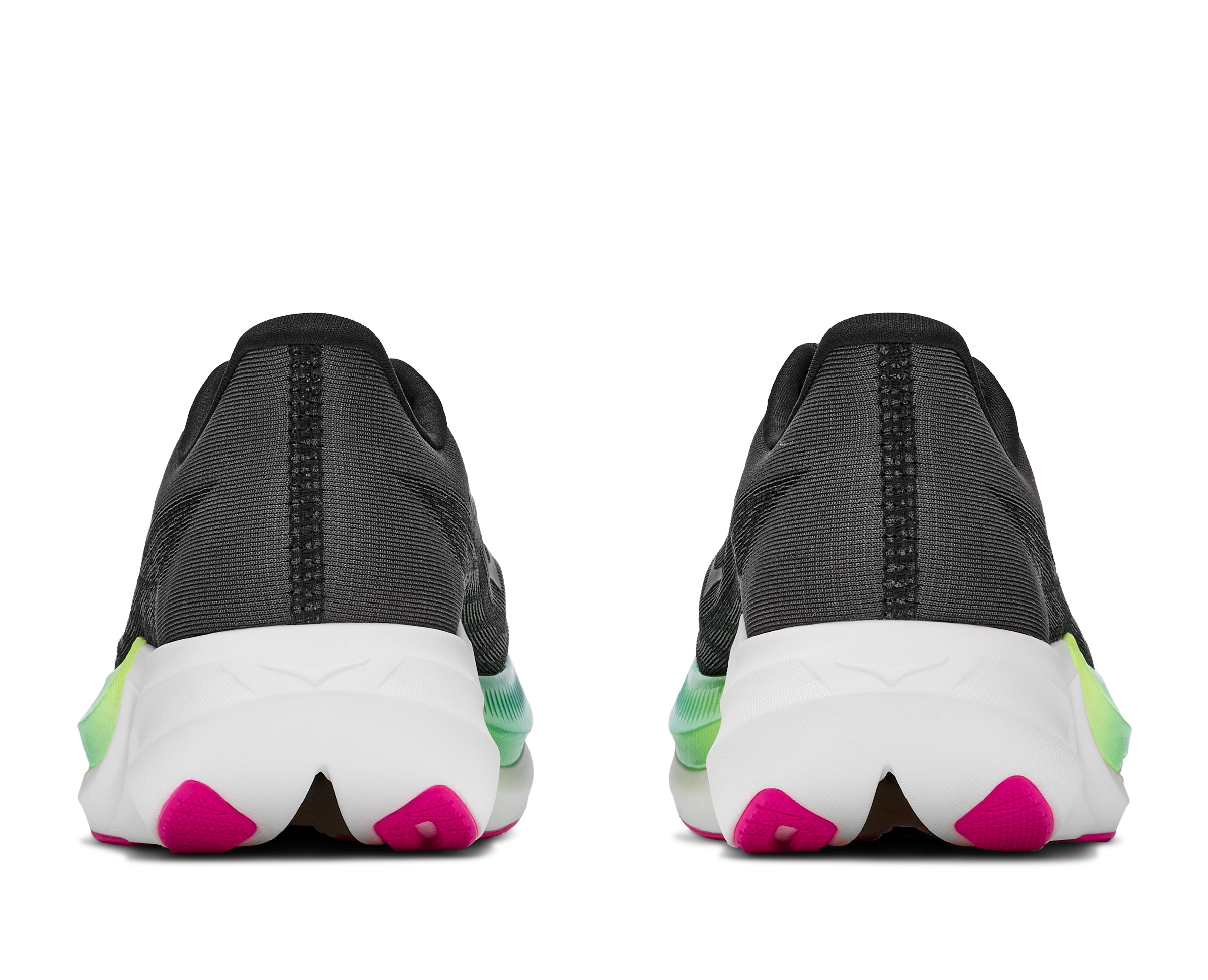 hoka rocket x 3, carbon plated running shoe for all gender, black with neon details, back profile of both shoes on a white background