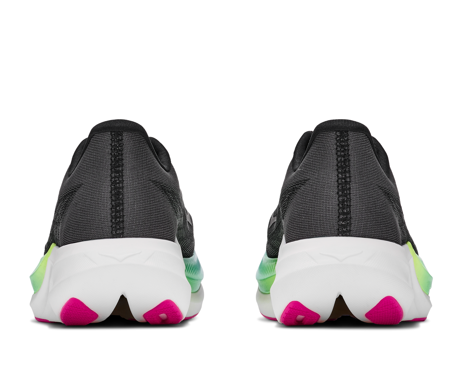 hoka rocket x 3, carbon plated running shoe for all gender, black with neon details, back profile of both shoes on a white background