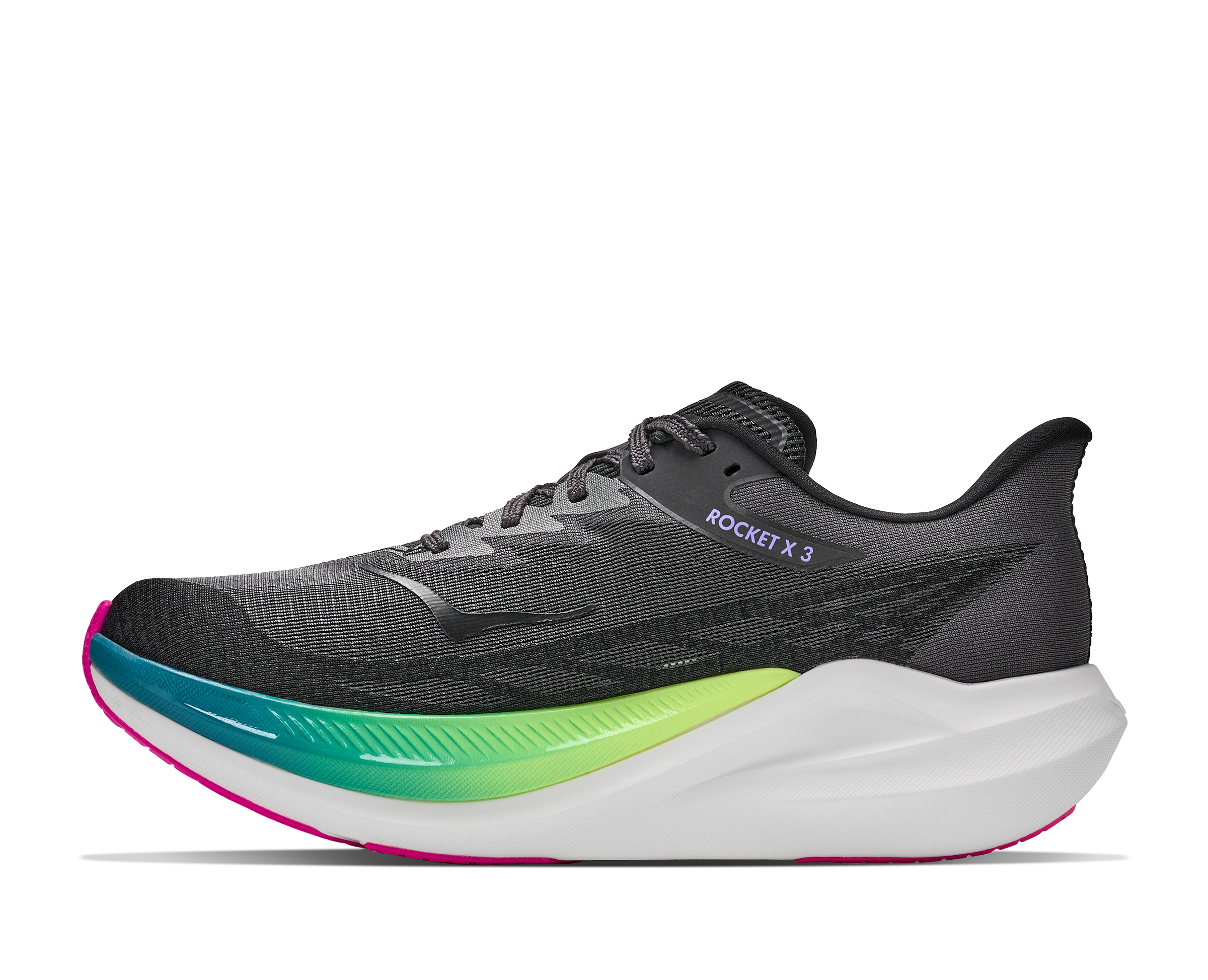 hoka rocket x 3, carbon plated running shoe for all gender, black with neon details, side profile of shoe on a white background