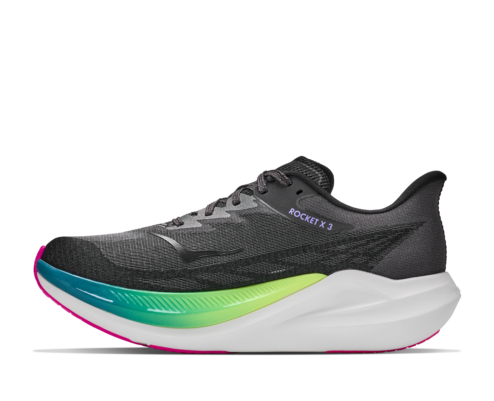 hoka rocket x 3, carbon plated running shoe for all gender, black with neon details, side profile of shoe on a white background