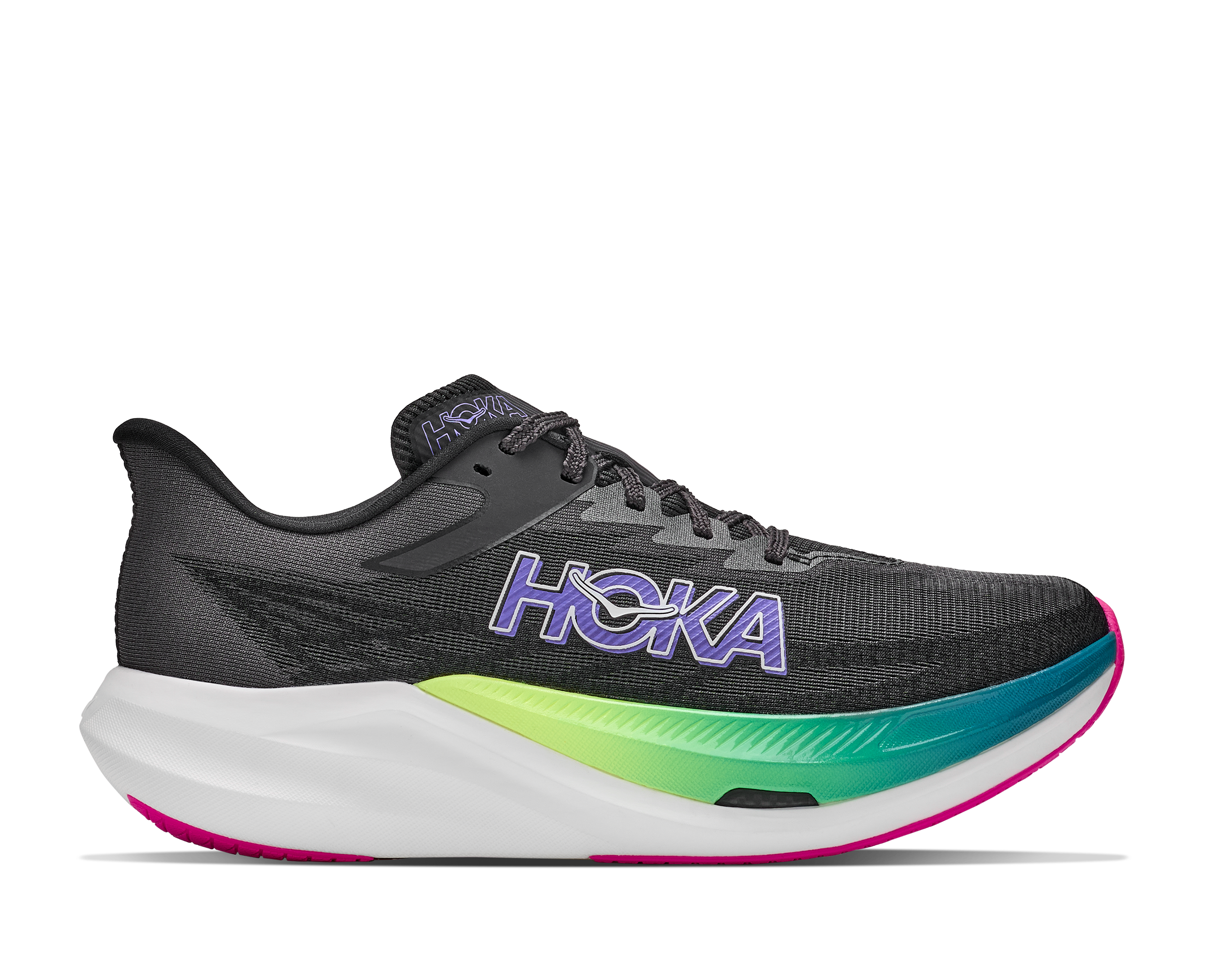 hoka rocket x 3, carbon plated running shoe for all gender, black with neon details, side profile of shoe on a white background