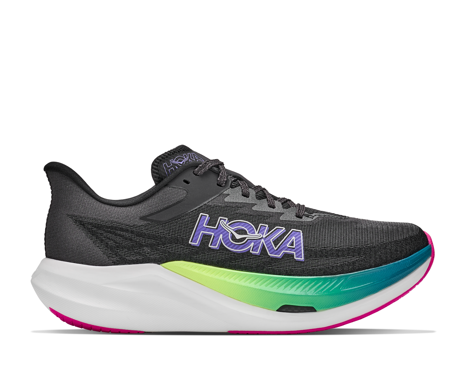 hoka rocket x 3, carbon plated running shoe for all gender, black with neon details, side profile of shoe on a white background