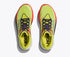pair of hoka rocket x3 running shoes in colour neon yuzu / squid ink, top view showing laces