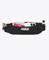 hoka running belt, running belt with zipper storage pockets, black colour with reflective logo, front of belt bag with open pocket