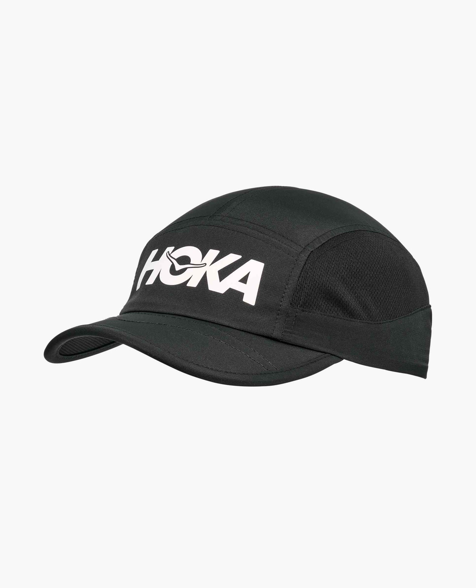 Black running cap with white hoka logo on a white background