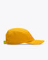 hoka running cap for all gender, lightweight breathable running cap, bright yellow colour with orange hoka logo, side profile of cap shown on a white background